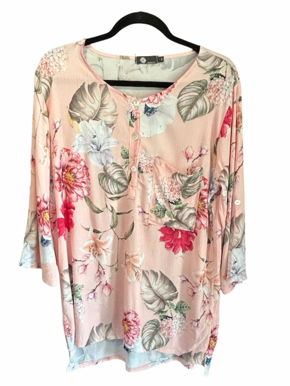 Light Pink Floral Tunic with Button-Neck